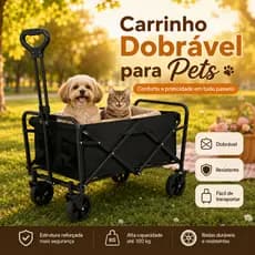 Carrinho Dobrável Pet Cães e Gatos Reforçado 100kg Rodas 360°