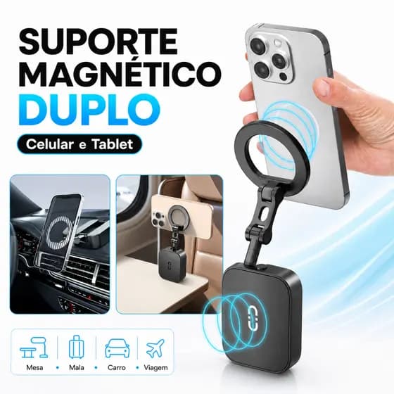 Suporte Multiuso Magnético Dupla Face  Ajuste 360° para Carro, Mesa e Tablet N52 Forte