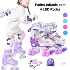 Patins Infantis 4 Rodas LED, Ajustável, Iniciantes, Proteção espessa opcional, Melhor presente