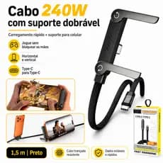 Cabo Type-C 240W Turbo com Suporte Dobrável, Carregamento Ultra Rápido 2-em-1 Reforçado 150cm