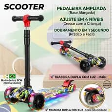 Patinete Infantil 4 Rodas - Luzes LED que Acendem - Dobrável p/ Meninos e Meninas