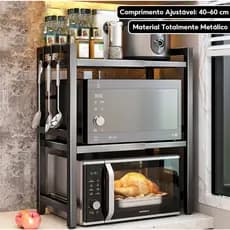Suporte de Microondas Ajustável em Aço Carbono I Prateleira de Armazenamento de Cozinhas