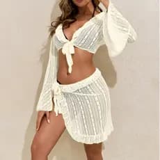 Bikini Conjunto De Praia Feminino Maiô 4 Peças Renda Curta Blusa Com Saia Embutida Moda Saida De Praia Com Bojo - QUALY