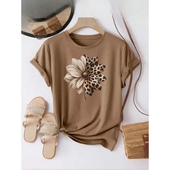 Camiseta Flor Onça Feminina Blusa 100 % Algodão Tecido Premium Manga Curta Camisa Gola Redonda
