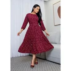 Vestido Midi Tecido Viscolinho com Cinto Manga Três Quarto com Caimento Perfeito