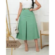 Saia Midi Feminina Ester – Confortável em Linho com Elastano + Cinto de Couro