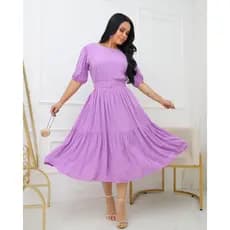Vestido Midi Lary em Viscolinho com Manga Curta Cinto e Caimento Elegante