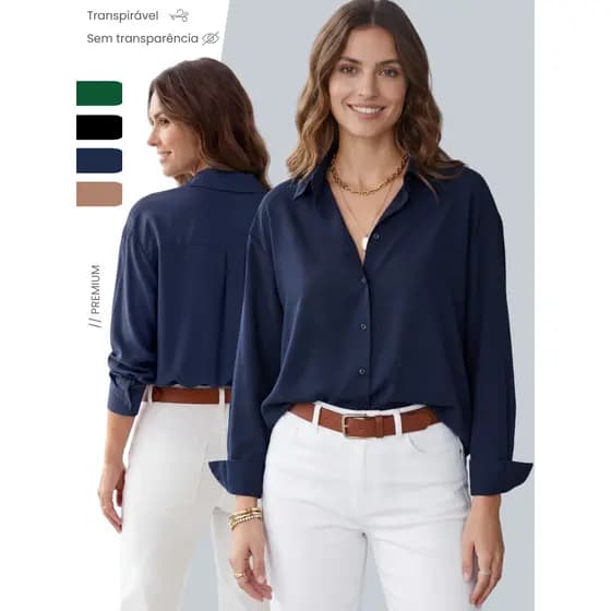 Camisa Feminina Celeste Viscolinho Social Manga Longa Confortável e Sofisticada
