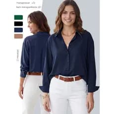 Camisa Feminina Celeste Viscolinho Social Manga Longa Confortável e Sofisticada