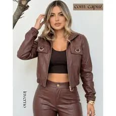 Jaqueta Feminina Cropped Courino Manga Longa Ziper E Bolsos