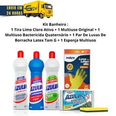 Kit Banheiro: 1Tira Limo+ 1Multiuso Original +1Bactericida + 1Esponja Azulim +1Par de Luvas Latex  G