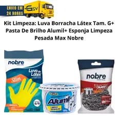Kit Limpeza Cozinha: Luva Látex Borracha G+Pasta Brilho Alumil+Esponja Limpeza Pesada Aço Max Nobre