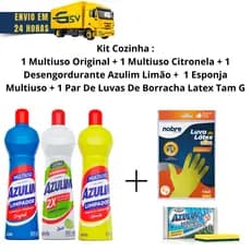 Kit Cozinha:1Multiuso Original+1Desengordurante+1Multiuso Citronela+1Par de Luvas +1Esponja Multiuso