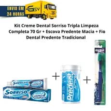 Kit Creme Dental Sorriso Tripla Limpeza+Fio Dental Predente Tradicional+Escova Dental Predente Macia