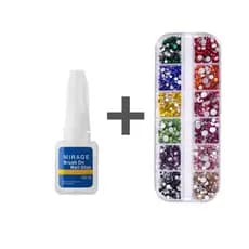 12 Strass Colorido + Cola com Pincel para Unhas, 10g  (S28)