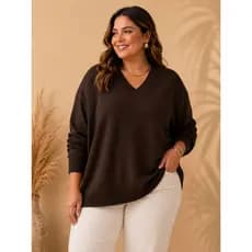 Blusa Tricô Plus Size Decote V Feminina Casual Manga Longa Inverno Plus Size
