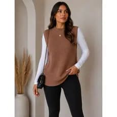 Colete Tricô Alongado Feminino Gola Casual