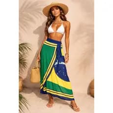 Saia Pareô Longa Estampa Brasil com Amarração Lateral – Moda Praia