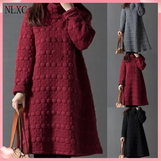 [NP] Vestido Feminino de Cor Sólida com Gola, Casual, Solto, Comprimento até o Joelho, Vestido de Inverno para Uso Diári