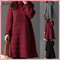 [NP] Vestido Feminino de Cor Sólida com Gola, Casual, Solto, Comprimento até o Joelho, Vestido de Inverno para Uso Diári