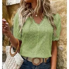Camisa Elegante Feminina para Escritório, Renda Lisa Inclinada, Decote em V, Mangas com Laço, Casual, 2026 H9043