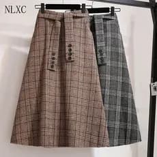 Saia Longa de Lã Xadrez para Mulheres Tamanhos Grandes S-4XL, Moda Casual Vintage para Primavera, Outono e Inverno, Cint