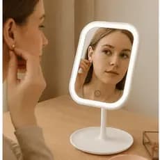 ESPELHO LED ROSA BRANCO PORTÁTIL PARA MAQUIAGEM COM BASE ORGANIZADORA TOUCH ILUMINAÇÃO AJUSTÁVEL USB