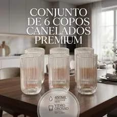 Conjunto de 6 Copos de Vidro Canelado 450ml Premium 💎 Jogo de 6 Copos Elegantes Vidro Grosso para Água, Suco e Drinks 🍹🎁
