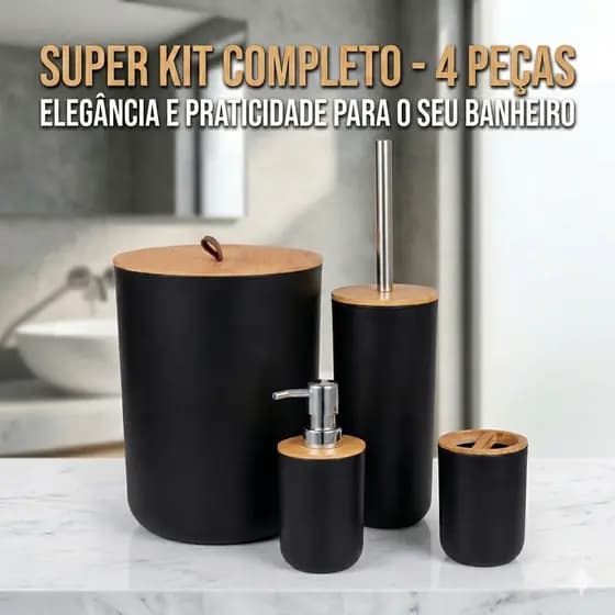 Kit 4 Peças Banheiro Bambu Lavabo Luxo Completo Preto Lixeira Saboneteira Suporte de Escova de Dente Escova Sanitária 💡