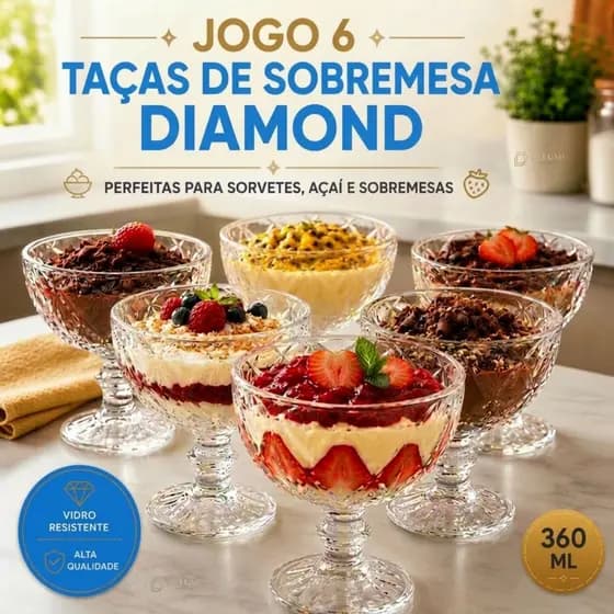 ✨ Jogo 6 Taças de Sobremesa Diamond de  Vidro Transparente 360ML Conjunto 6 Taças  Diamante Mousse Sorvete Frutas Luxo✨
