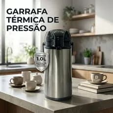☕ Garrafa Térmica de Inox 1L Com Bomba De Pressão Conserva Café Chá Quente e Frio Trava Abrir/Fechar Moderna Pratica🔥❄️