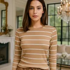 Blusa Feminina de frio  Listrada Manga Longa Gola Redonda  Casual Básica Tecido Ribana listrado