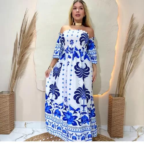 Vestido Longo feminino Com Lastex moda Ciganinha Com Manga Bufante