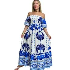 Vestido Longo Ombro a Ombro Azul e Branco Feminino Floral Chique Verão