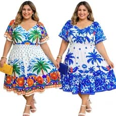 Vestido Mídi Feminino Plus Size Floral Manga Curta FlareTendencia 2026  Estampa floral dress
