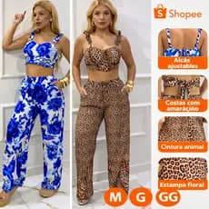 Conjunto de calça pantalona, com elástico na cintura  proporciona elegância e praticidade