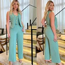 Conjunto Feminino Calça Pantalona e Colete liso Decote V Com Botões dourado social Alfaiataria Premiun