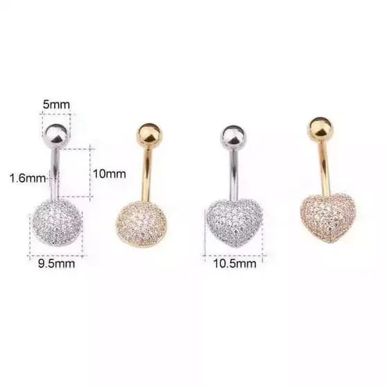 Piercings de umbigo redondos e em formato de coração Umbigos de aço cirúrgico com zircônia