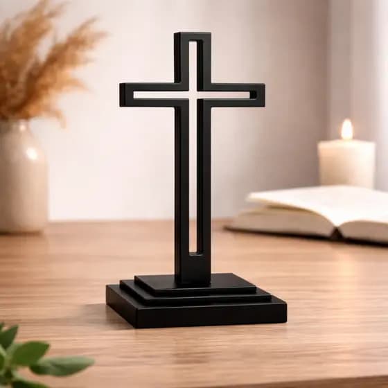 Cruz de Mesa Preta 13cm Decoração Religiosa Cristã Enfeite para Mesa Altar Igreja Presente Católico Evangélico Jesus