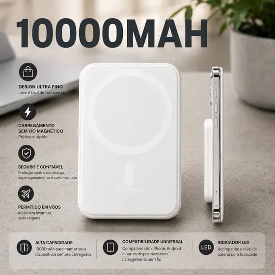 Nova Bateria Imantada 10000mAh Ultra Fino Carga Rápida 15W Viagens Aéreas