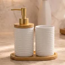 Kit Banheiro Porta Sabonete Liquido e Escova Em Porcelana Premium Elegante e Sofisticado