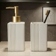 Kit Banheiro Elegante Porcelana Porta Sabonete Dispenser e Porta Escovas Lavabo Luxo