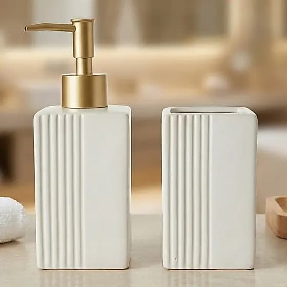 Kit Porta Sabonete Liquido Porcelana Luxo Dispenser Porta Escova Decoração Banheiro Lavabo