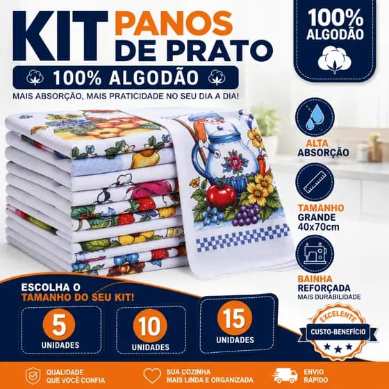 Kit Pano de Prato 100% Algodão Grande 40x70 Alta Absorção Copa Cozinha Estampado com Bainha Reforçada 5 10 15 Unidades