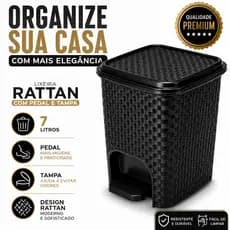 KIT 1 ou 2 Lixeira Rattan 7L com Pedal e Tampa Preta Banheiro Cozinha Escritório Compacta Moderna