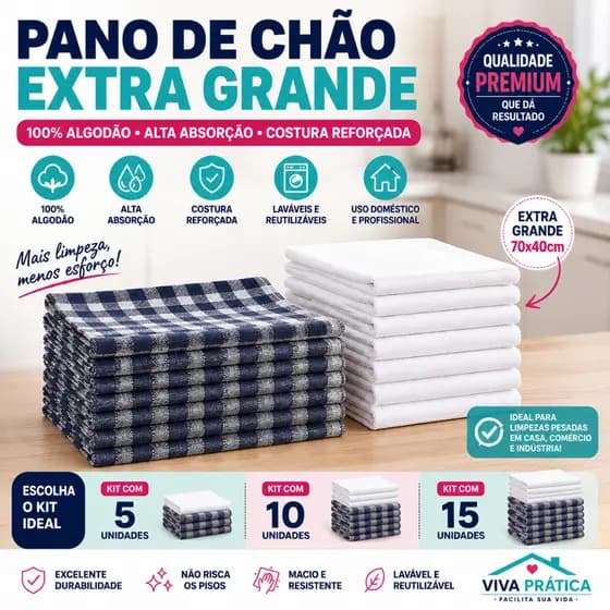 Kit 5 10 ou 15 Pano de Chão Grande 100% Algodão Alta Absorção Grosso Saco Duplo Branco ou Xadrez+Brinde uma flanelada