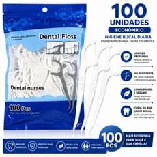 fio Dental com Haste 100 Unid - Palito Descartável Limpeza Profunda Anti-Placa Bacteriana