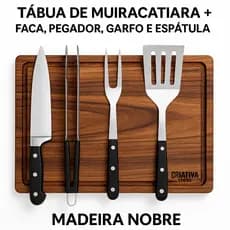 Kit Churrasco Premium com Tábua de Muiracatiara de 30cm + Faca, Pegador, Garfo e Espátula