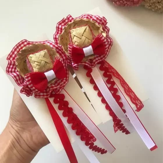 Par Laço Cabelo Festa Junina Infantil com Chapeuzinho de Palha  Diversas Cores no Bico de Pato