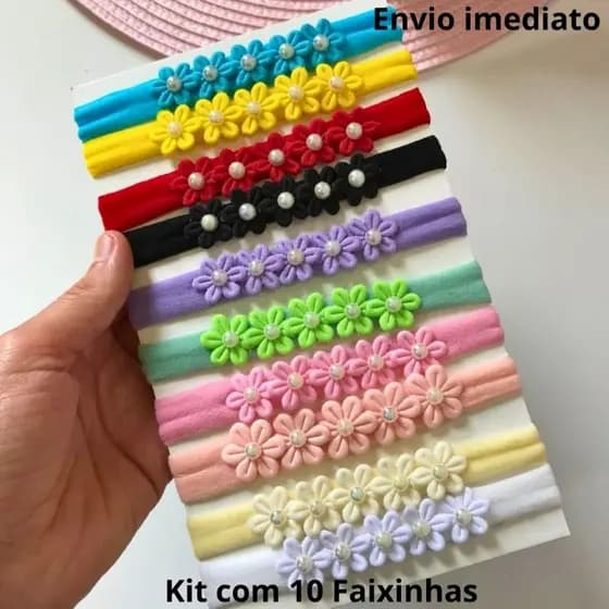 Kit 10 Faixinhas Bebê Recém Nascido Tiara de Flor Meia de Seda Enxoval Maternidade Newborn Infantil Menina